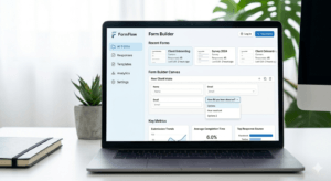 A high-resolution laptop sitting on a clean white desk, displaying a "FormFlow" dashboard. The screen shows a professional form builder interface with a light blue sidebar and a central workspace containing a "New Client Intake" form. The form has clear input fields for name and email, and a dropdown menu. In the background, a small potted succulent and a large green leaf add a natural, calm touch to the minimalist workspace. tallywithai, tally