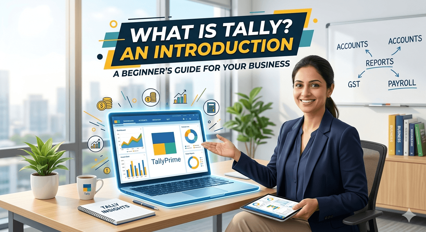 Tally beginner's guide - woman presenting TallyPrime dashboard with accounts, GST, reports and payroll features